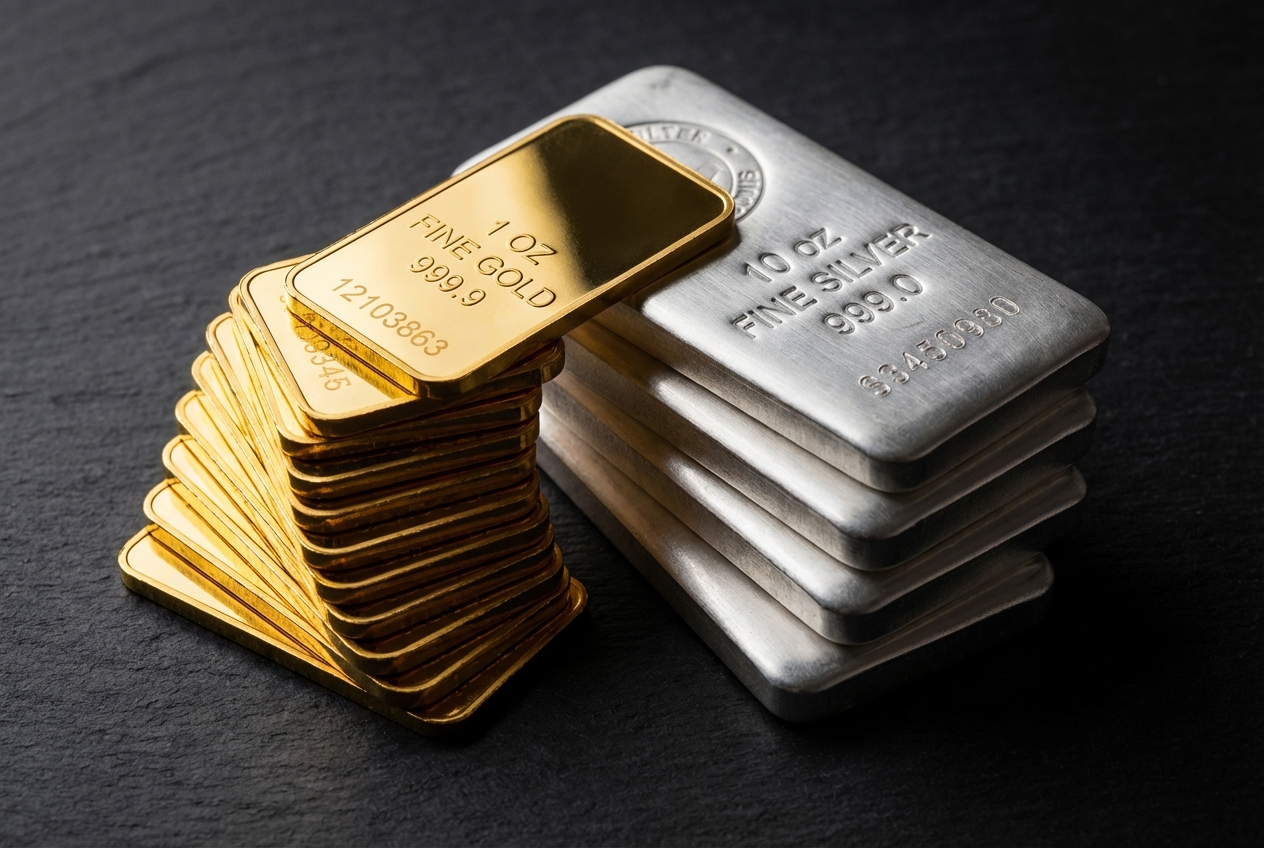 Stacked gold and silver bullion bars