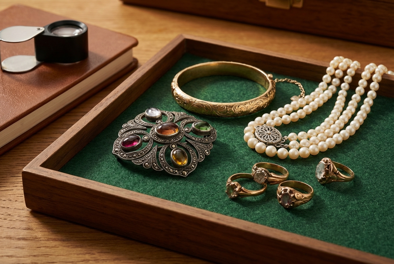 Vintage estate jewelry including brooches and gemstone rings