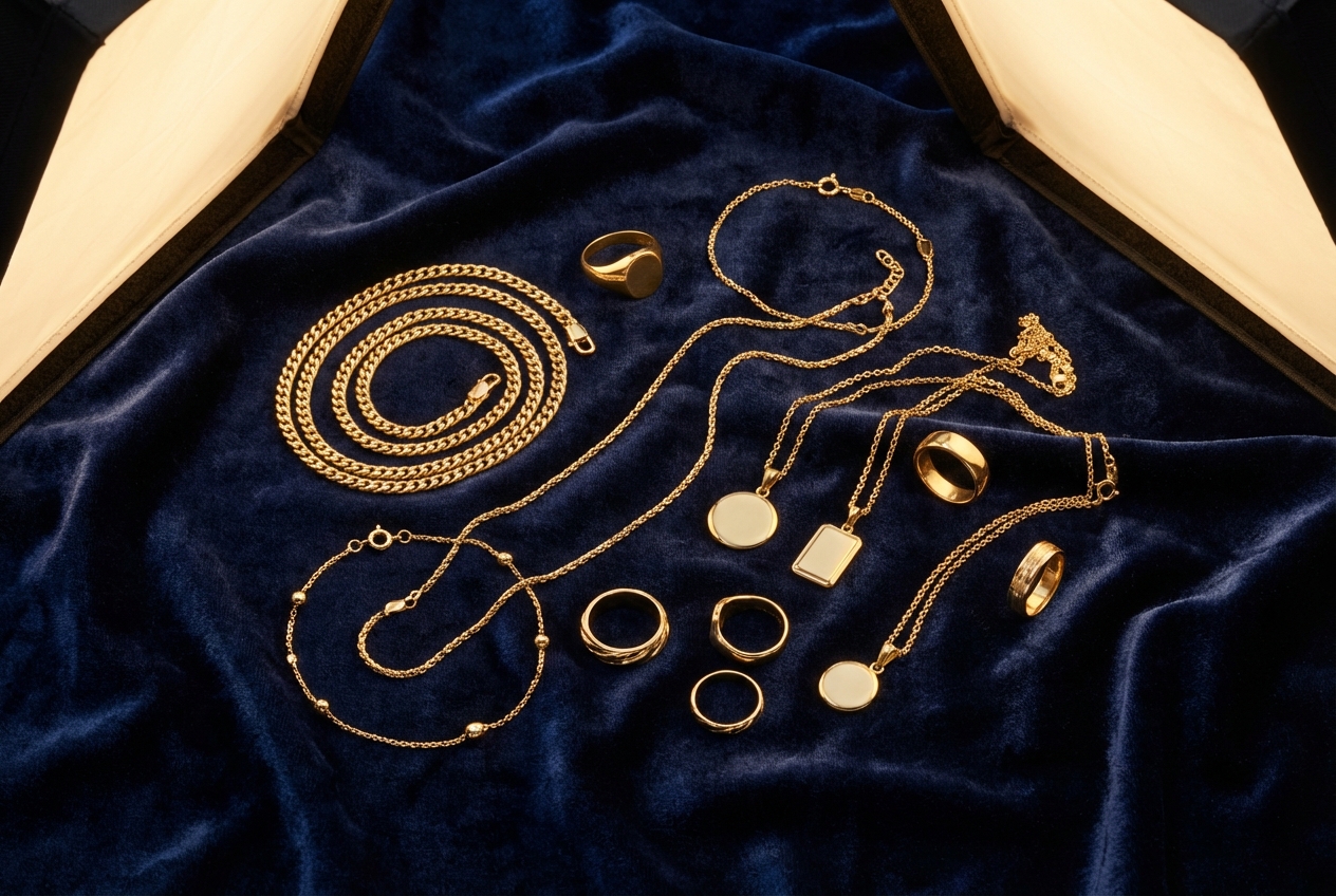 Gold rings and necklaces arranged on dark fabric