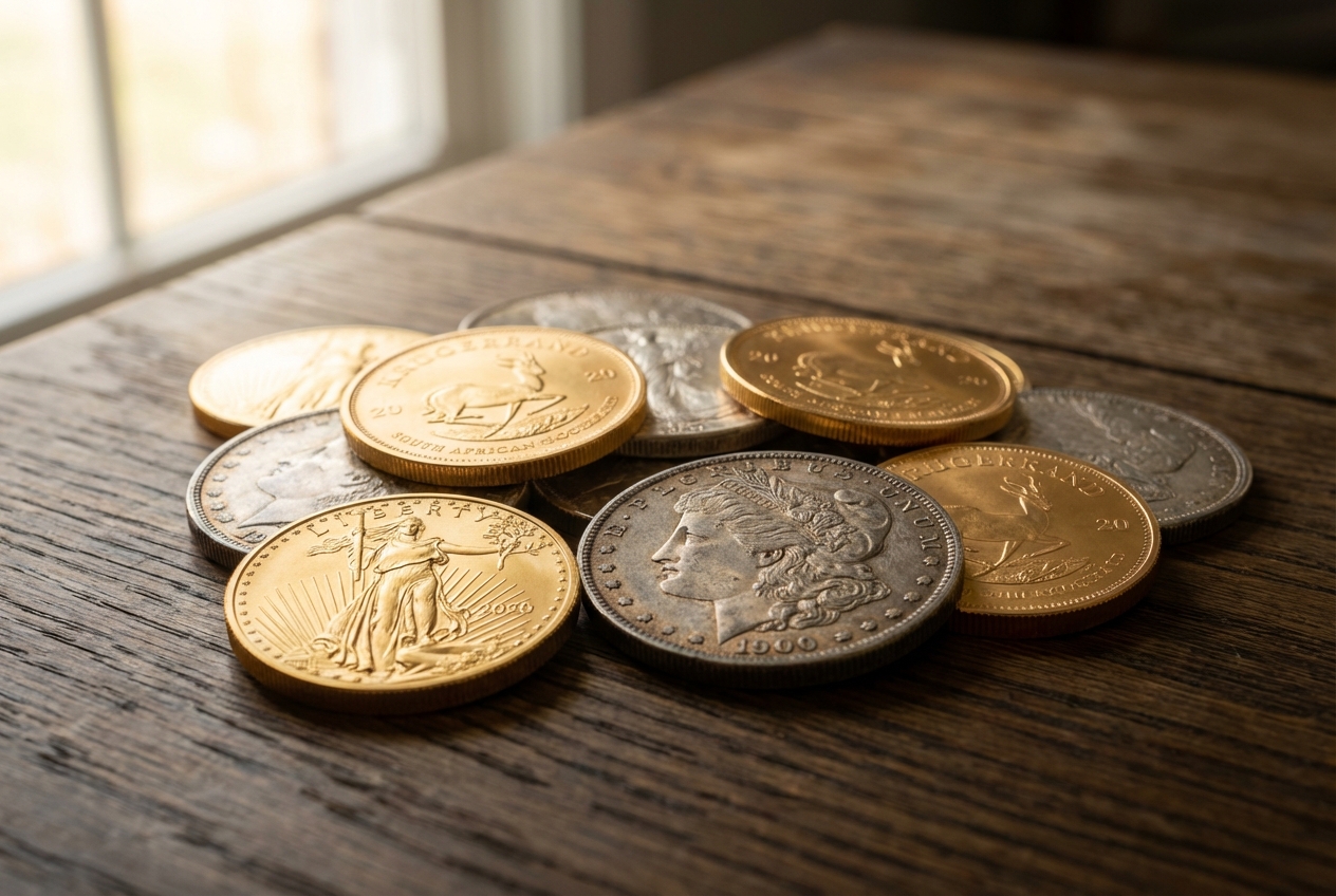 Collection of gold and silver coins spread across a surface