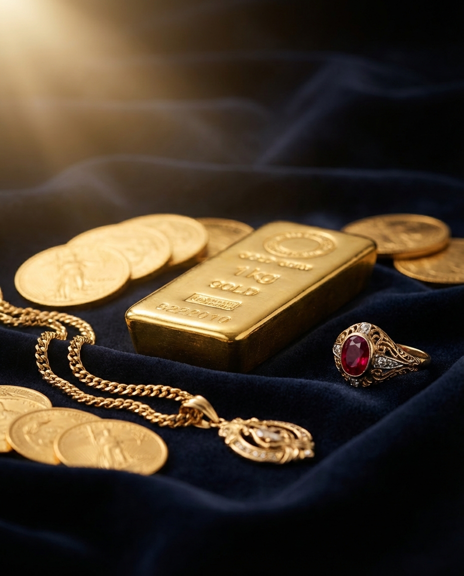 Gold bullion bar, coins, chain necklace, and gemstone ring arranged on dark velvet