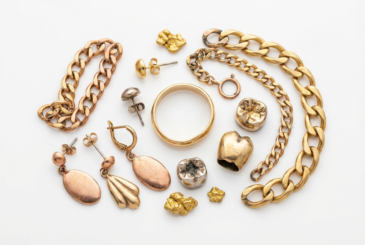 Assorted scrap gold pieces including broken chains and dental gold